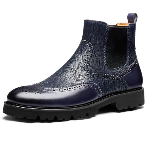 Jepsen Gord Men's Chelsea Boots Genuine Cowhide Leather Wingtip Dress Boots with Brogue Classic Ankle Boots for Casual and Formal Wear, Blue, 10