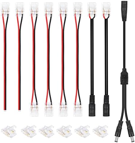 HitLights LED Strip Connector 2Pin 10mm Connector Kit Include Gapless Connector, Jumper Connectors, Pigtail Connector, DC Female and Connector, DC Jack Splitter for COB/2835 Single Color LED Strips