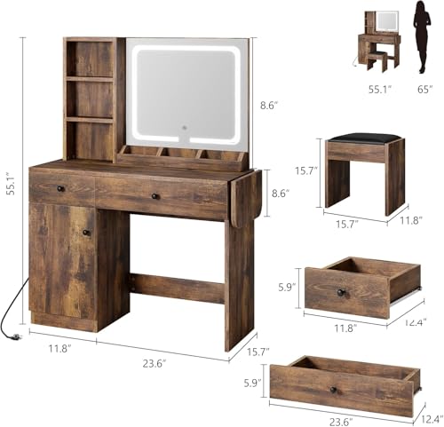 GAOMON Vanity Desk with Mirror and Lights, Makeup Vanity with 2 Drawers & 2 Shelves & One Door, 3 Lighting Modes Adjustable Brightness, Bedroom Dressing Table, Brown