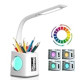 LED Desk Lamp with USB Charging Port, Night Atmosphere Lamp, Alarm Clock, Pen Holder, Thermometer, Calendar, 3-Level Dimmer Eye-Caring Table Lamp for Study/Read/Office (10.1)