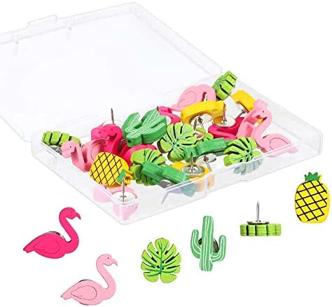 30Pcs Wooden Push Pins Thumb Tack Push Pins Decorative Cute Pushpins Drawing Pins Thumb Tacks Pushpins for Photos Wall, Maps, or Cork Bulletin Board (Flamingo Pineapple Cactus Palm Leaf)