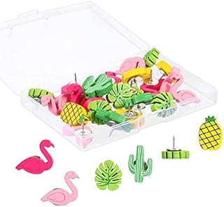 30Pcs Wooden Push Pins Thumb Tack Push Pins Decorative Cute Pushpins Drawing Pins Thumb Tacks Pushpins for Photos Wall, Maps, or Cork Bulletin Board (Flamingo Pineapple Cactus Palm Leaf)