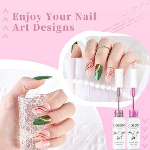Image of JODSONE Nail Art Gel Liner Set 10 Colors Glitter Purple Gold Green Gel Nail Polish Need U V Lamp Cured with Thin Brush at Home Salon Design,Gifts for Women