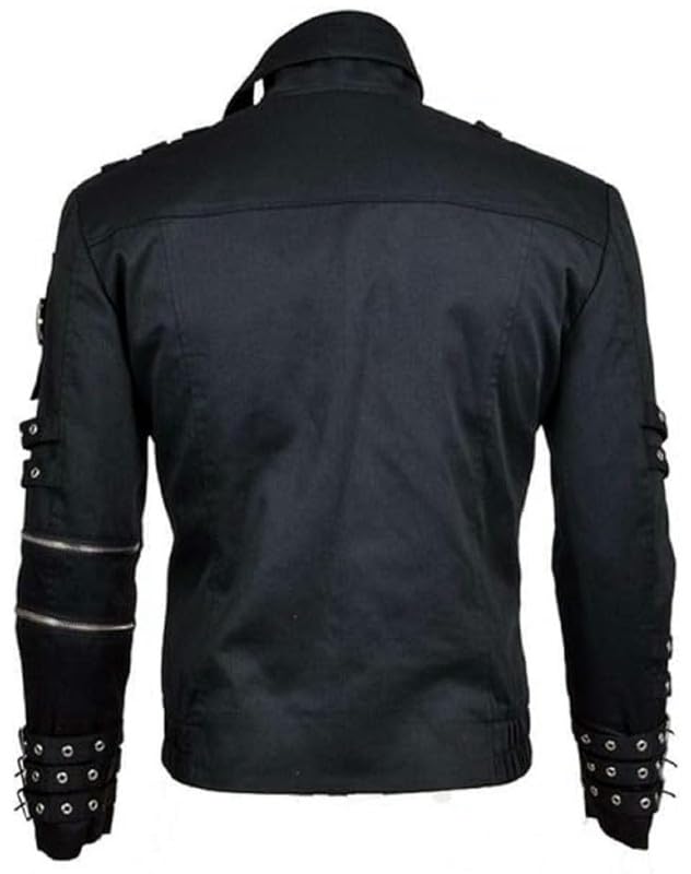 Giacca da uomo in cotone nero stile punk rock MJ - Dettagli con fibbia slim fit e costume da spettacolo sul palco