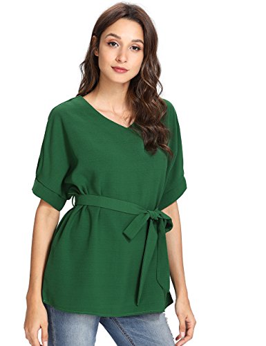 Milumia Women's Casual V Neckline Self Tie Short Sleeve Work Business Petite Blouse Tunic Tops Green X-Small
