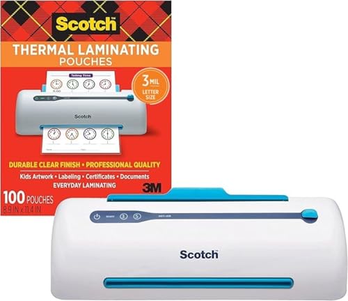 Scotch PRO Thermal Laminator and Pouch Bundle, 2 Roller System, Never Jam Technology Automatically Prevents Misfed Items (TL906) with Scotch Thermal Laminating Pouches, 100-Pack (TP3854-100)