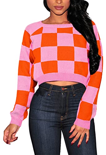 Pink Queen Women's Crew Neck Long Sleeve Crop Top Plaid Color Block Knit Pullover Cropped Sweater Orange L #TOP23
