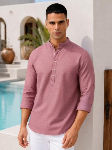 Image of Majestic Man Men's Pure Cotton Solid Mandarin Collar Slim Fit Roll-Up Sleeves Short Kurta Lightweight Summer Kurta for Daily & Occasion Use