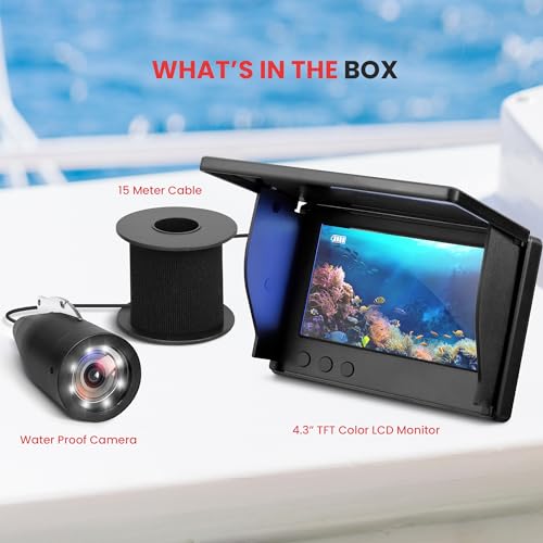 Image of Pyle 4.3 inch Portable Underwater Fishing Camera with TFT LCD Monitor, 1000TVL IP68 Waterproof Camera, 12 Infrared Lights, Rechargeable Battery, Carrying Case & Sunshield for Ice and Sea Fishing