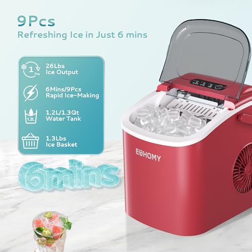 EUHOMY Countertop Ice Maker Machine with Handle, 26lbs Per Day, 9 Ice Cubes Ready in 6 Mins, Auto-Cleaning Portable Ice Maker with Basket and Scoop, for Home/Kitchen/Camping/RV (Red)