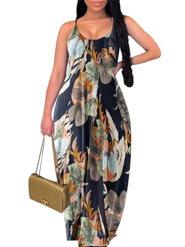 Image of Summer Dresses for Women Spaghetti Strap Beach Floor Length Maxi Sundresses | Floral Print,Casual,with Pockets