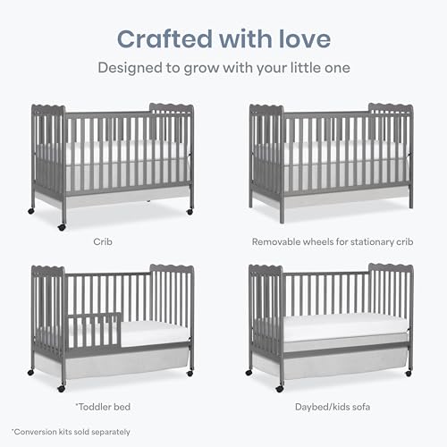 Image of Dream On Me Full Size Carson 3-in-1 Convertible Baby Crib, Locking Wheels | Portable & Converts to Toddler Bed & Daybed, 3 Adjustable Height, Wooden Crib, GREENGUARD Gold & BSA Verified, Steel Grey