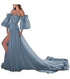 ViolaDresses Dusty Blue Princess Dresses Puffy Sleeve Side Slit Prom Dress Long for Women Chiffon...