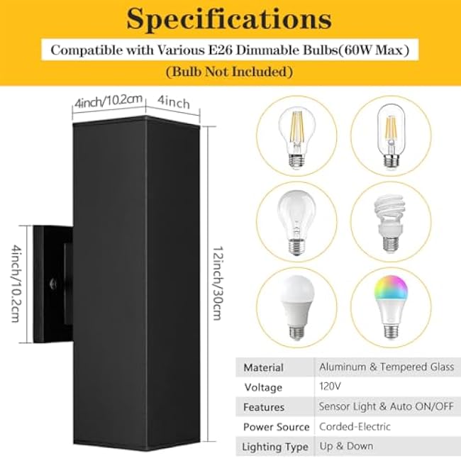 SHIMR Dusk to Dawn Outdoor Lighting 2 Pack, Modern Exterior Lighting Fixtures Wall Mount with E26 Base, Aluminum Anti-Rust Outdoor Sconce Lights Up and Down Outside Lights for House Porch Garage
