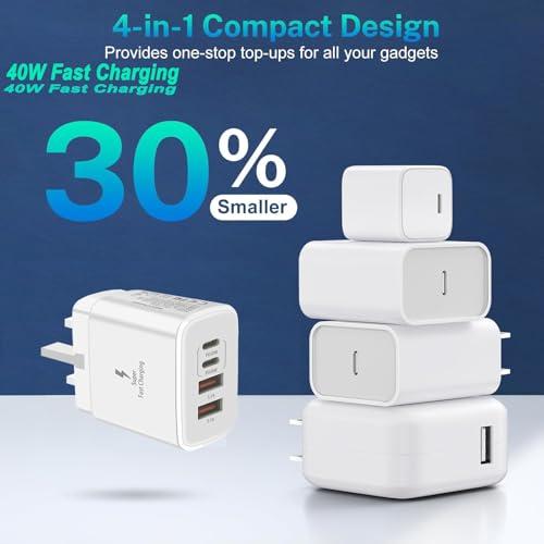 USB C Plug,40W 4-Port Fast Charger Plug UK Dual Port PD Power Adapter + QC Multi Mains Wall Charger Type C Charging Plug for iPhone 15 14 13 12 11 Pro Max XS XR,Samsung, iPad,AirPods,Fast Charger Plug - Image 5