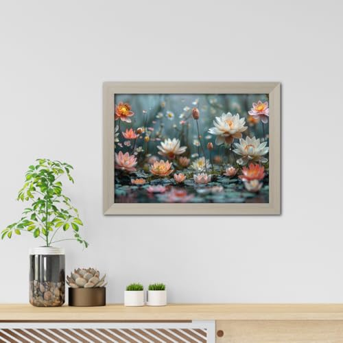 Image of TenorArts Lotus Flowers Photo Frame Vastu Positivity Aesthetic Wall Painting Lucky Art Frames with White Wooden Texture for Living rooms Office Bedroom - Wall Paintings /Hangings (12inches x 9inches)