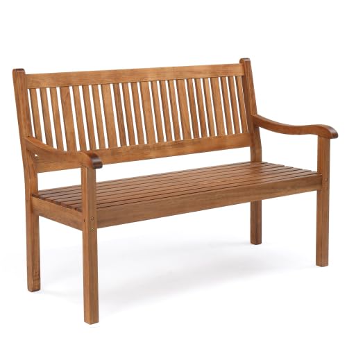 Bonnlo Banc de Jardin en Bois 127cm, Design à Rayures, Banc Extérieur 2-3 Places, Résistant aux Intempéries, Mobile pour Balcon Terrasse Veranda Pergola