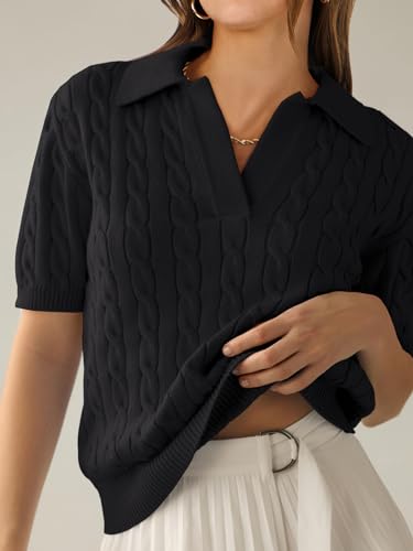 ANRABESS Women's Short Sleeve Sweaters Tops Polo V Neck Cable Knit Casual Soft Pullover Shirts 2025 Summer Outfits2