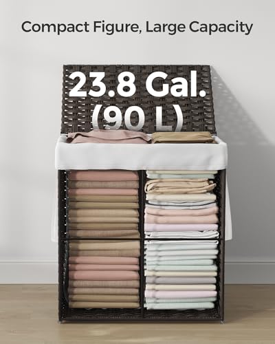 SONGMICS Handgewebter Wäschekorb, 90 l, synthetisches Rattan, Wäschekorb mit Deckel und Griffen, faltbar, herausnehmbarer Innenbeutel… – Ansicht 5