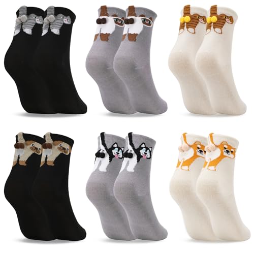 scenicamp 6 Pairs Cute Animals Balls Socks Women Funny 3D Dog Cat Ball Sock Novelty Cotton Animal Socks for Women Dogs Cats Lovers Gifts(4-7 Black Dark Grey White Cat Dog)