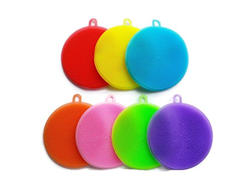 Silicone Sponge Dish Washing Brush Scrubber Food-Grade Antibacterial BPA Free Multipurpose Non Stick Cleaning Antimicrobial Mildew free smart kitchen gadgets (Pack of 7, Mixed Color) by JJ Company