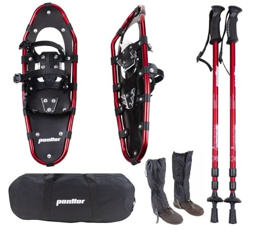 Schneeschuh-Set incl. Teleskop-Stöcke, Gamaschen und Tragetasche, Farbe: schwarz-rot, Aluminium Rahmen, Ratschenbindung Schuhgröße 25"(63x22cm / 68-90kg)