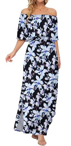 Image of AUSELILY Womens Off Shoulder Ruffle Split Summer Maxi Dresses with Pockets | Off-shoulder Ruffle dress with empire waist & side split for summer beach and casual parties