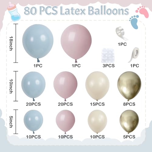 Image of Gender Reveal Balloon Arch Kit, 100 PCS Dusty Pink Blue Balloons, Metallic Gold Sand White Balloons for Boy or Girl Gender Reveal Boho Birthday Wedding Baby Shower Bridal Bear Theme Party Decorations