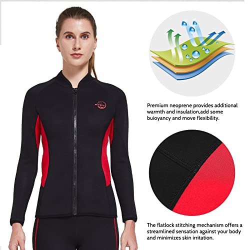 Fitst4 Womens Wetsuit Top 2Mm Long Sleeve Neoprene Wetsuit Jacket With Front Zipper For Swimming Diving Surfing Boating Kayaking Snorkeling Red L #TOP3