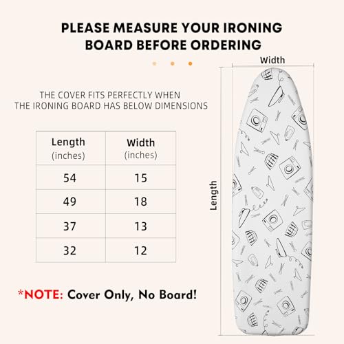Image of Seiritex Ironing Board Cover and Pad Standard Size 15 x 54 inch, Heat Reflective with Hook and Loop Fasteners, Thick Padding with Elasticized Edges, 3 Layers Iron Board Cover (White)