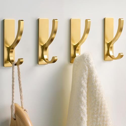 pickpiff Adhesive Wall Hooks for Towels - Sticky Hook Hanging Heavy Duty (13lb) Hanger for Door Bathroom Dorm Closet - for Coats Purse Bag Robe - No Damage to Wall - Gold 4 Pack