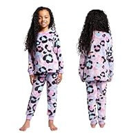 OHS Kids Fleece Pyjamas Girls Boys Leopard Print Long Sleeve Pyjama Set of 2 Pullover Winter Fleece Nightwear Children Sleepwear PJs Sets Gifts for Kids Age 9-10, Lilac