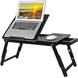 Bamboo Laptop Desk，Adjustable Portable Breakfast Serving Bed Tray Tilting Top with Storage Drawer for Couch,Multifunctional Table Floor Desk Notebook Stand with Folding Legs (Black)