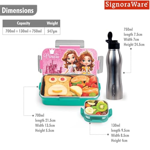 Image of SIGNORA WARE Delight C Nugget Stainless Steel Printed Lunch Box Set for Kids | Airtight Lid with Clip Lock | Compact & Sleek Size | Great for Picnics & Outdoors (700ml + 130ml + 750ml Bottle | Pink)