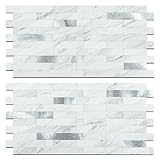 StyloVue 2 Sheets Peel and Stick Backsplash for Kitchen, White Marble with Metal Silver Look Stick on Tile Upgrade Your Kitchen Backsplash, RV, Fireplace