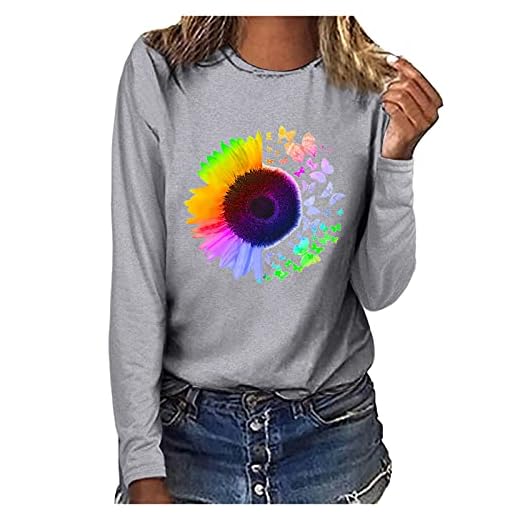 T-shirt Dam Tryckt Fritids Långärmad toppstorlek (XXL,1grå)