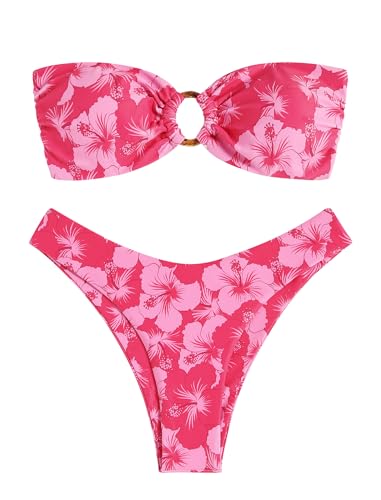 ZAFUL Women's Bandeau Bikini O Ring Strapless Tie Back High Cut Two Piece Swimsuit Bathing Suits (5-Rose red Print, M)