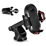 LIKENNY 車載ホルダー 車 スマホホルダー 車載携帯スタンド 2レベル粘着ゲル吸盤＆エアコン吹き出し口式兼用 2in1 ワンタッチ 携帯ホルダー 安定感 360度回転 伸縮アーム 高さと幅自由調節 片手操作 取り付け簡単 4-7インチ全機種対応 黒赤色 (A)