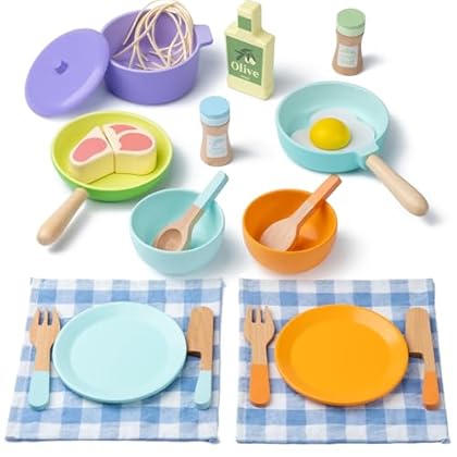 Wooden Kitchen Toys for Toddlers, Montessori Pretend Play Kitchen Accessories, Play Food Sets for Kids Kitchen, Pots and Pans Cooking Sets, Gifts for 3 4 5 Years Old Girls Boys