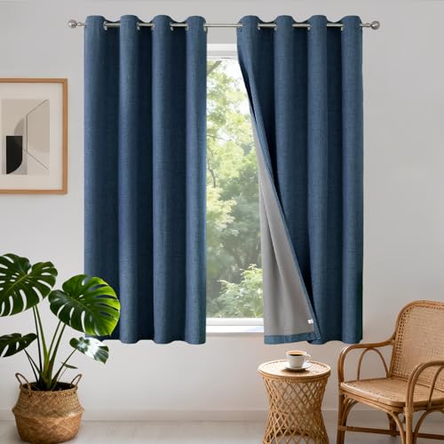 Joydeco 100% Opaque Curtains with Eyelets Curtains Linen Look Pack of 2 Blackout Curtain Linen Thermal Curtain Heat Protection Heat Insulated Coating Back Layer for Bedroom Living Room