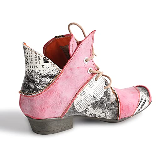 TMA EYES Lace Up Newspaper Print Leather Women's Ankle Boots3