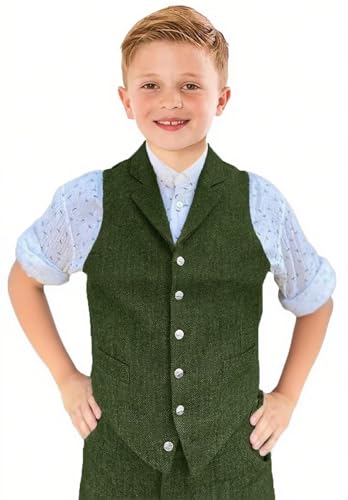 Boys Vest Vintage Tweed Herringbone Suit Vest for Kids Wedding Outfit Sleeveless Slim Fit Waistcoat