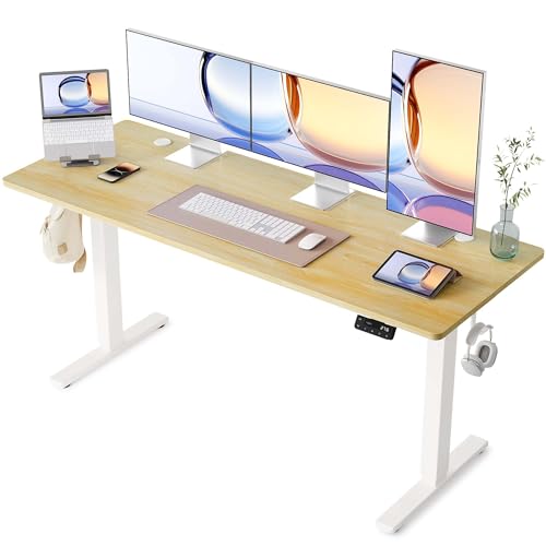 YIHAYO Electric Standing Desk 63 x 24 Inches Stand Up Desk with Splice Board Adjustable Height Desk Computer Desk for Home Office White Frame/Natural Top
