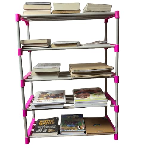Image of 5 Shelves Layer Modern Simple Home Library, Book Stand Book Shelf with Storage Display Rack Open Bookcase Showcase Stand Book Rack for Study Room (Pink)