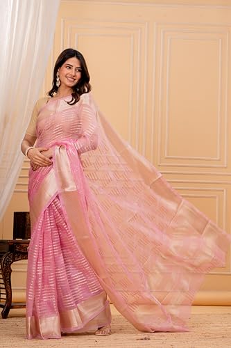 Image of Silk Saree For Women's with Golden Zari Border Blouse | Lightweight Traditional Saree for Women | Wear in Wedding Functions and Cultural Occasions | Pink