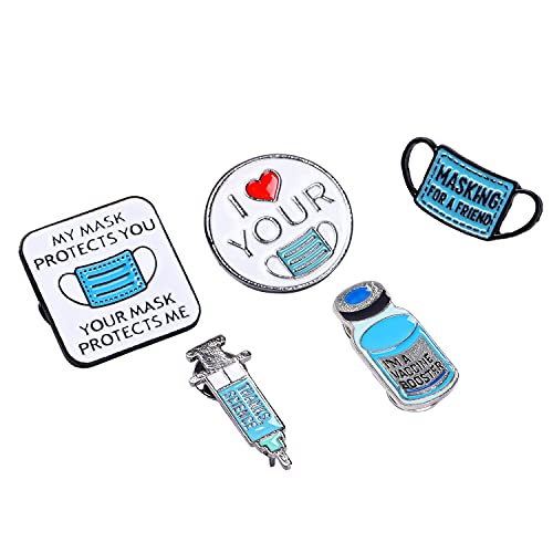 5 PCS Vaccine Syringe Mask Enamel Brooch Pin Nurse Brooch Thanks,Science Mask Protects Heart Jewelry Brooch Breastpin Pins for Men Women (Style A)