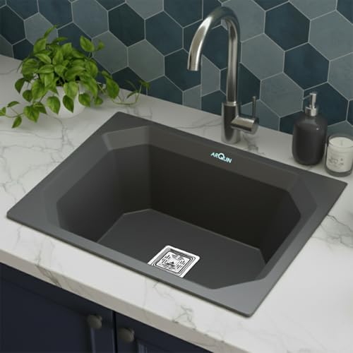Image of ARQUIN Quartz Kitchen Sink 24x18x9 Inch Grey Diamond | Single Bowl Sink | Durable & Scratch-Resistant | Undermount /Topmount Including Coupling, Waste Pipe & Fruit Washing Basket
