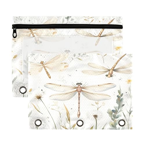 Sevdomey - Estuche para lápices (3 anillas, 2 unidades), diseño de libélulas de acuarela con ventana transparente, incluye 2 fundas con cremallera para escritorio, Acuarela Libélulas, 7,08 x 9,85