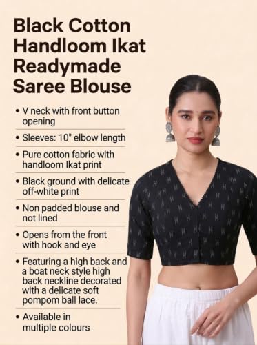 Image of Studio Shringaar Women's Black Cotton Handloom Ikat Readymade Saree Blouse