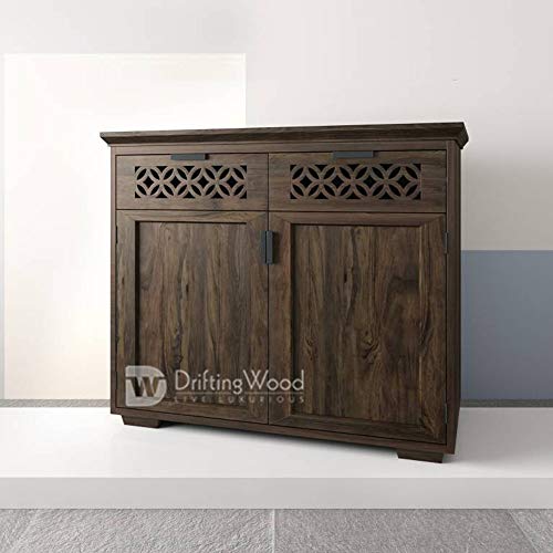 Image of DRIFTINGWOOD Solid Sheesham Wood Sideboard Tv Cabinet for Living Room | Free Standing Movable Tv Unit Side Board Table with 2 Drawer & 2 Door Cabinet Storage Furniture for Home | Walnut